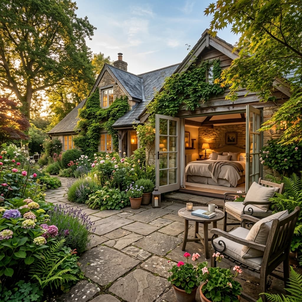 Lush hotel garden retreat with manicured greenery