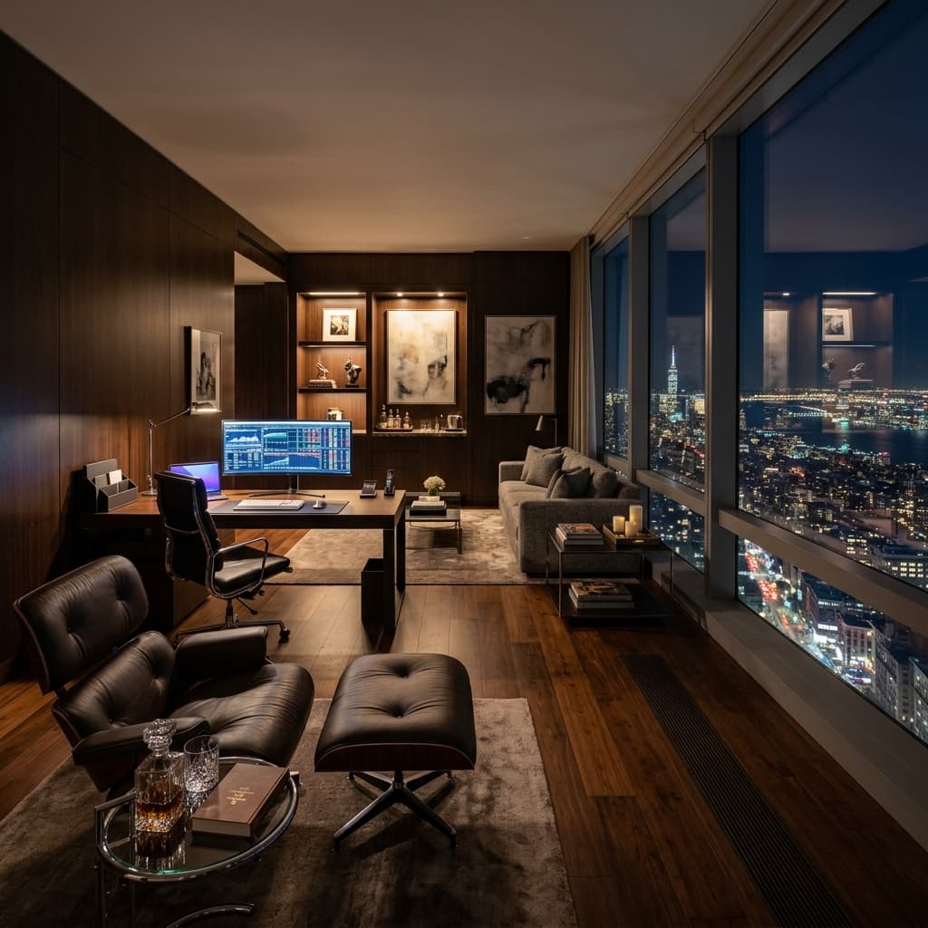Hotel reception area with warm lighting and decor
